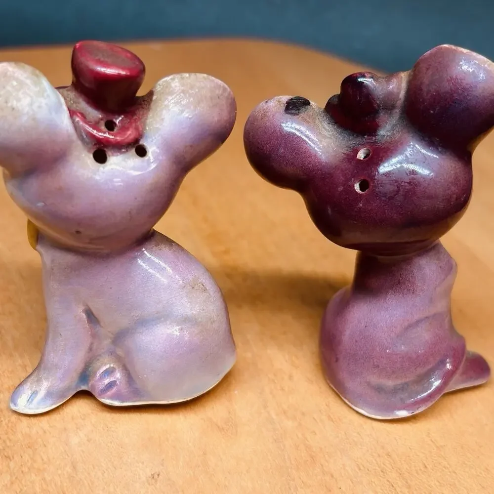 Vintage Japan Cute Animal Salt & Pepper Shakers Top Hat & Flower Foil Labels